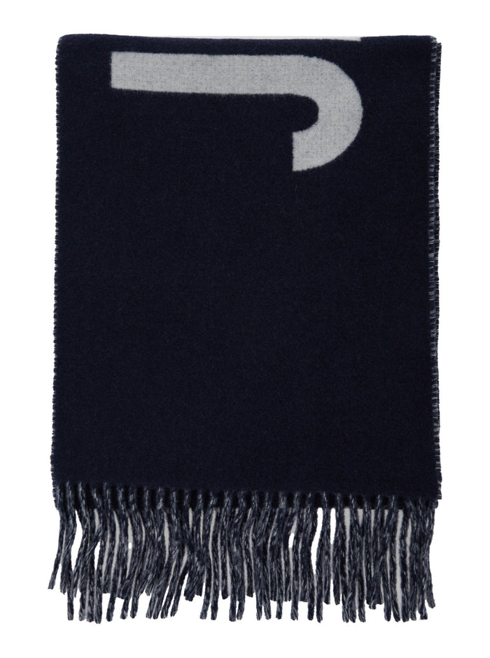 LEcharpe Jacquemus Blue Scarf with Maxi Logo Lettering and Fringed Hem in Wool Man Blu Scarfs Foulards