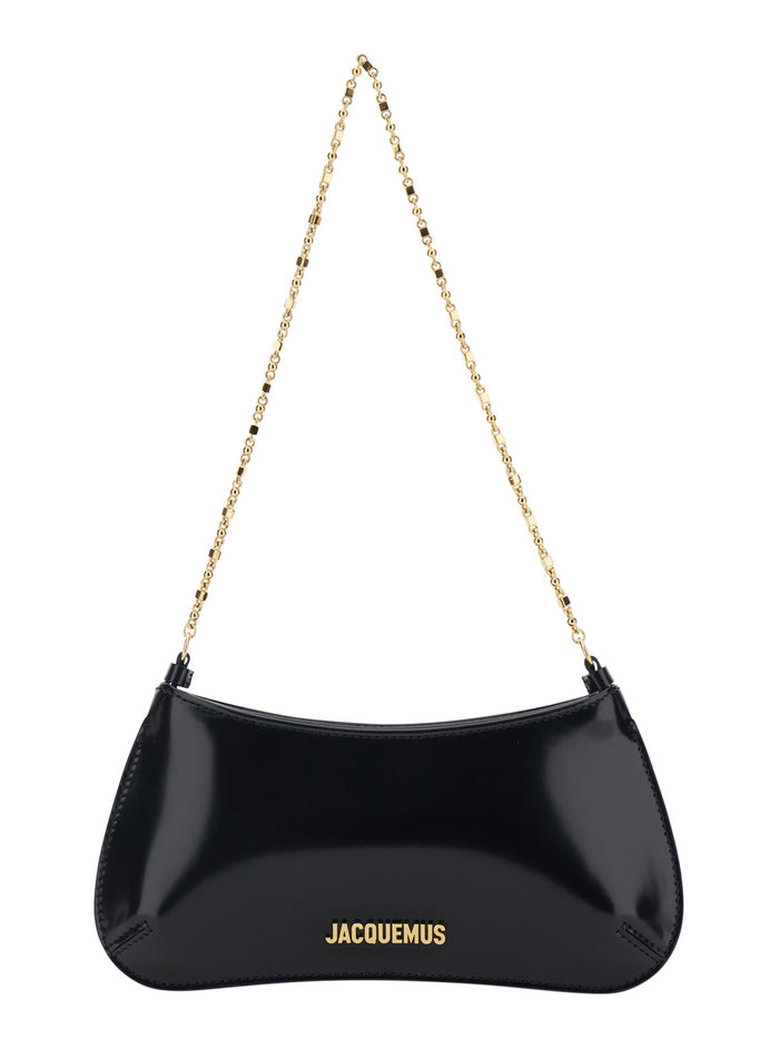 Le Petit Bisou Chaine Black Shoulder Bag with Chain Strap and Logo Lettering Plate on the Front in Patent Leather for Women Calf