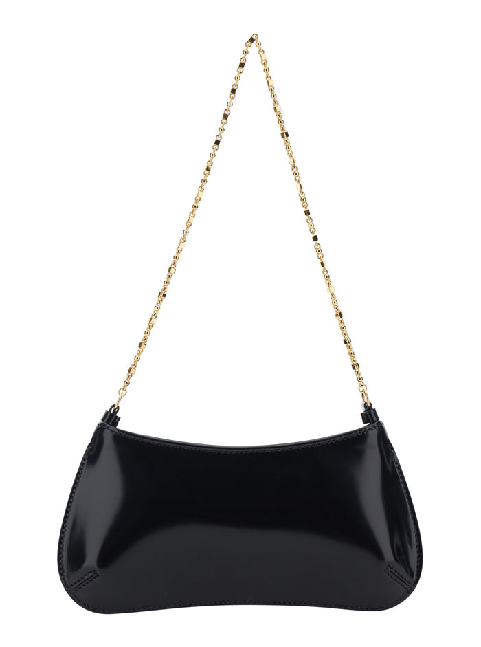 Le Petit Bisou Chaine Black Shoulder Bag with Chain Strap and Logo Lettering Plate on the Front in Patent Leather for Women Calf