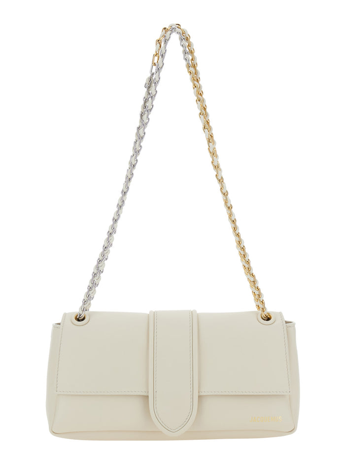 Le Bambino Chaine White Shoulder Bag with Chain Strap and Logo on the Front in Leather Woman Lamb