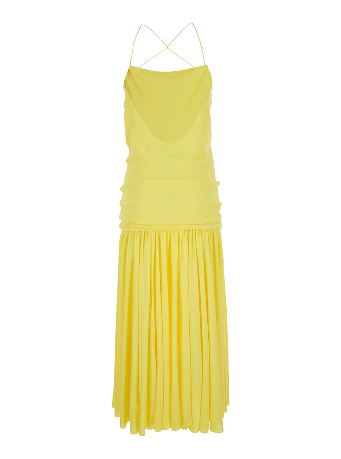Yellow Dress with Straight Neckline and Gathered Waist in Tech Fabric for Women Viscose Polyamide Long