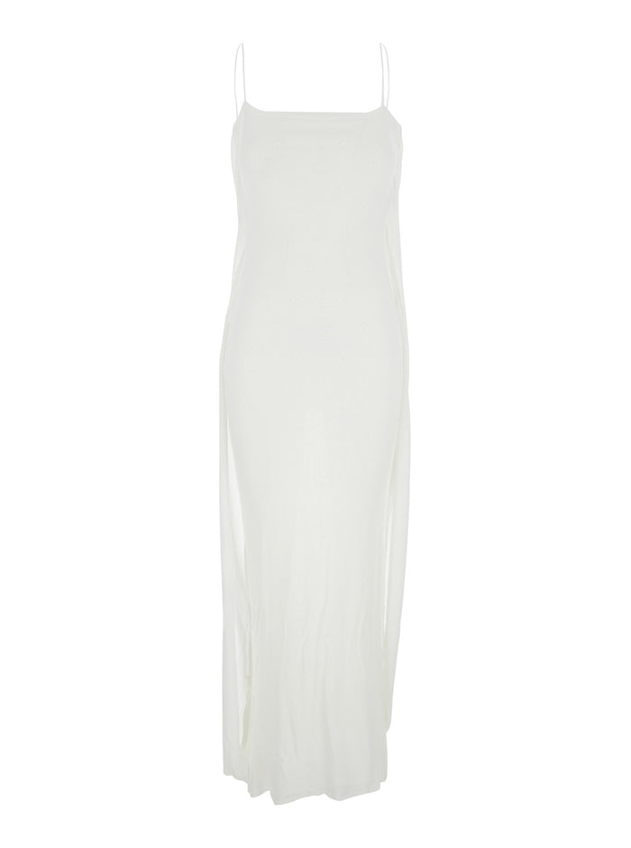 White Dress with Straight Neckline in Tech Fabric Woman Viscose Long