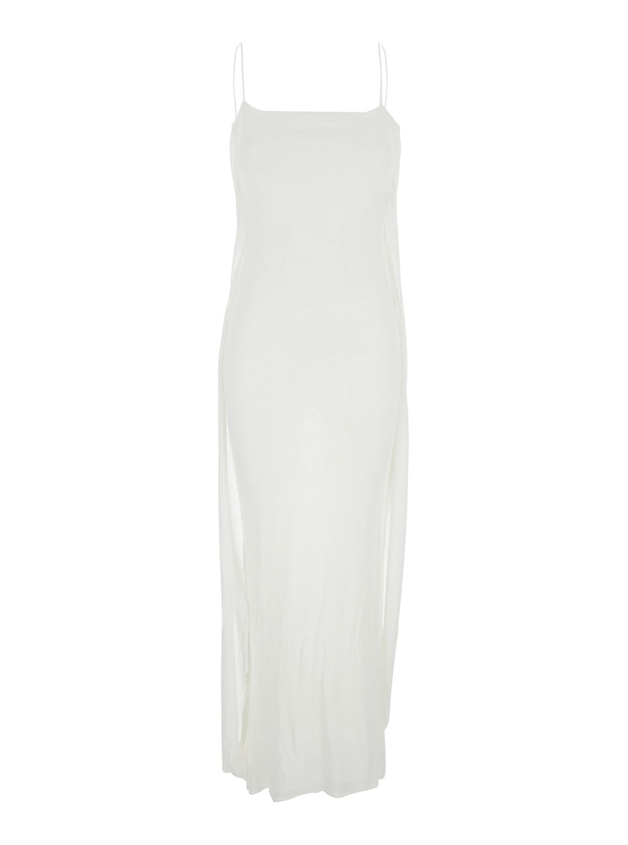 Dress With Straight Neckline — White Viscose