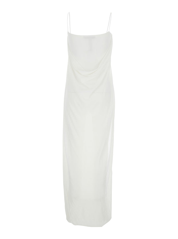 White Dress with Straight Neckline in Tech Fabric Woman Viscose Long