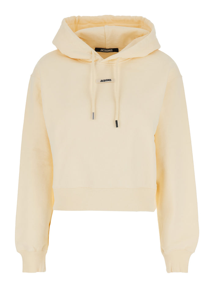 Le Hoodie Gros Grain Beige Cropped with Drawstring Hood and Logo Patch on Front in Cotton for Women Sweatshirts
