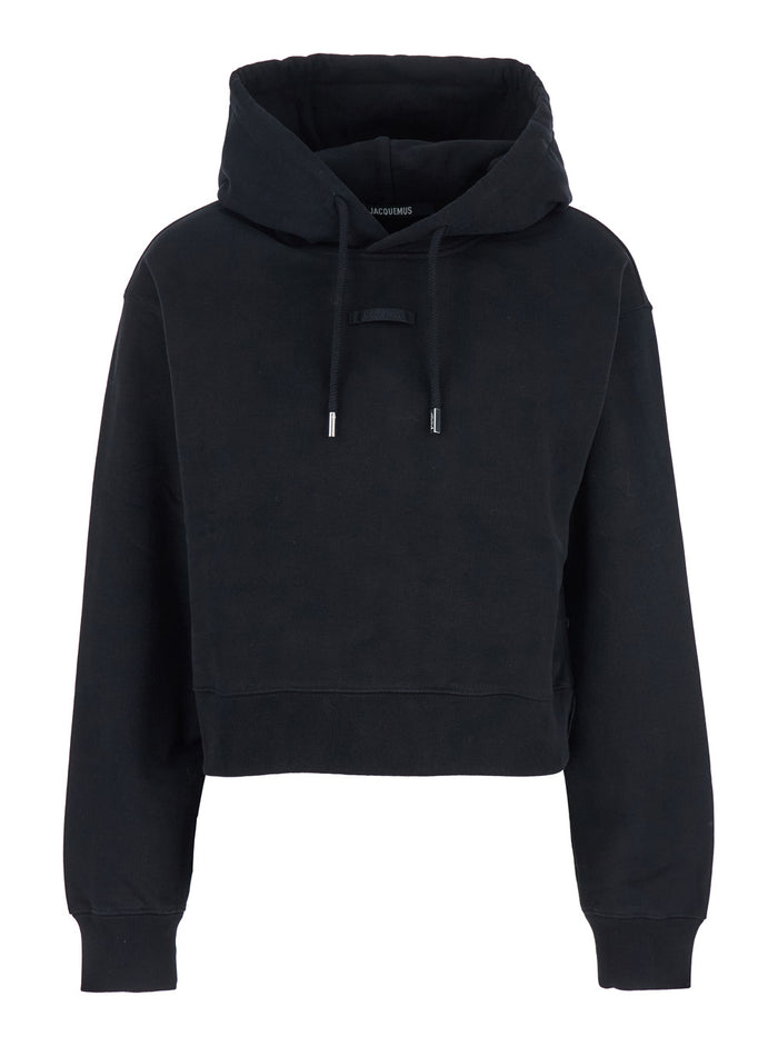 Black Le Hoodie Gros Grain Crop with Drawstring Hood and Logo Patch on Front in Cotton for Women Sweatshirts