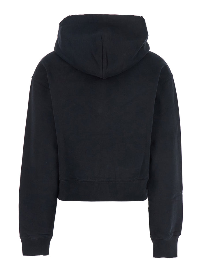 Black Le Hoodie Gros Grain Crop with Drawstring Hood and Logo Patch on Front in Cotton for Women Sweatshirts