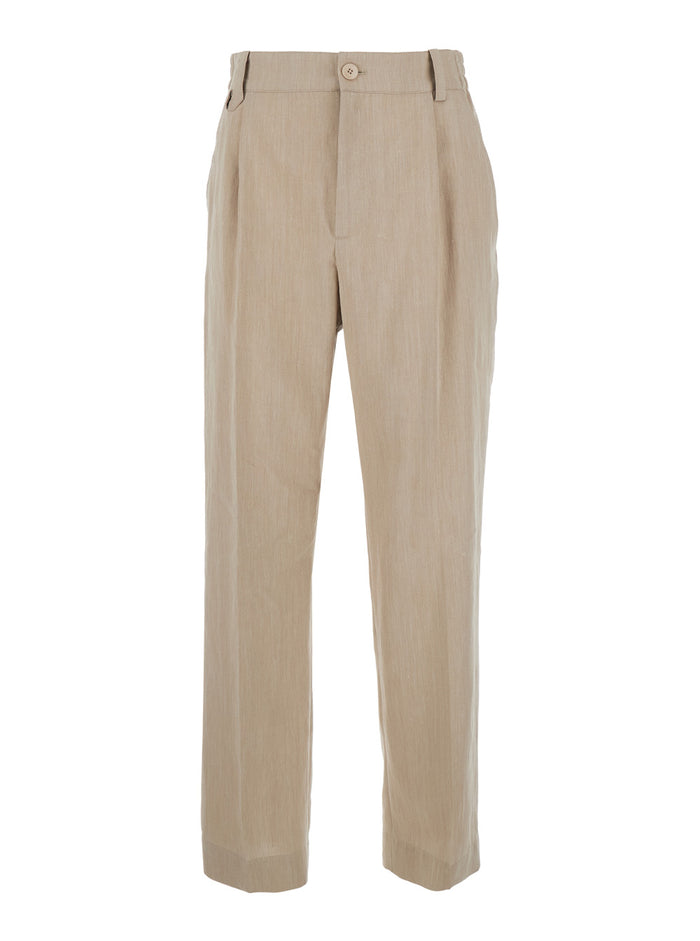 Pants Le Pantalon Croisiere Beige With Elasticated Waist And Side Pockets In Linen For Men Viscose Polyamide Trousers