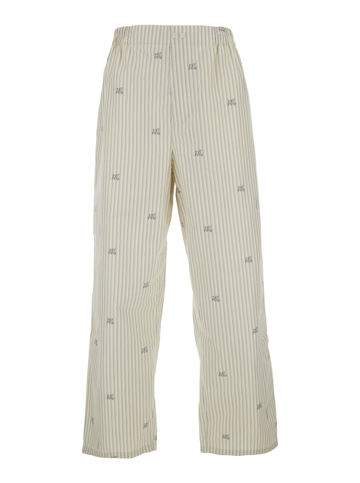Beige Pants with elasticated waist and Striped Design in Cotton Man Trousers