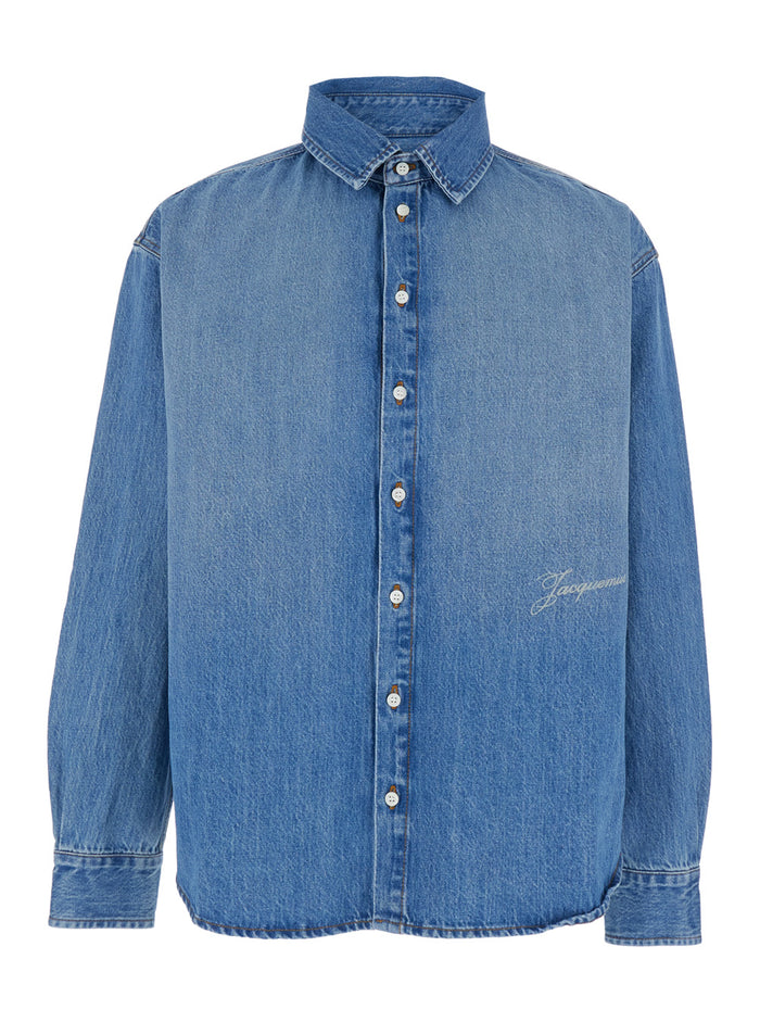 Simon Light Blue Shirt with Classic Collar and Logo Lettering Embroidery on the Front in Denim for Men Cotton Blouses