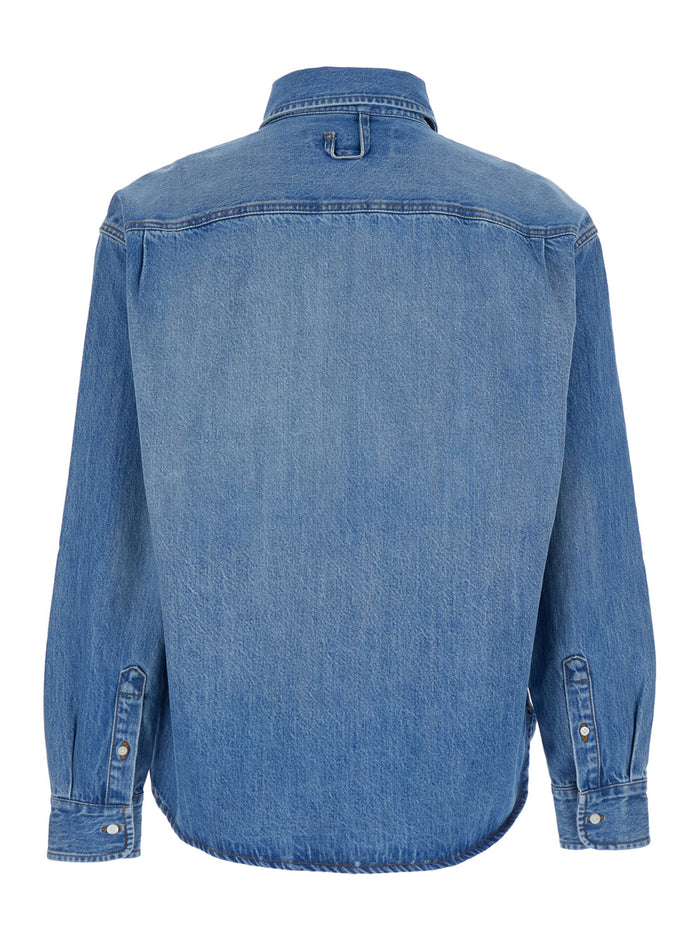 Simon Light Blue Shirt with Classic Collar and Logo Lettering Embroidery on the Front in Denim for Men Cotton Blouses