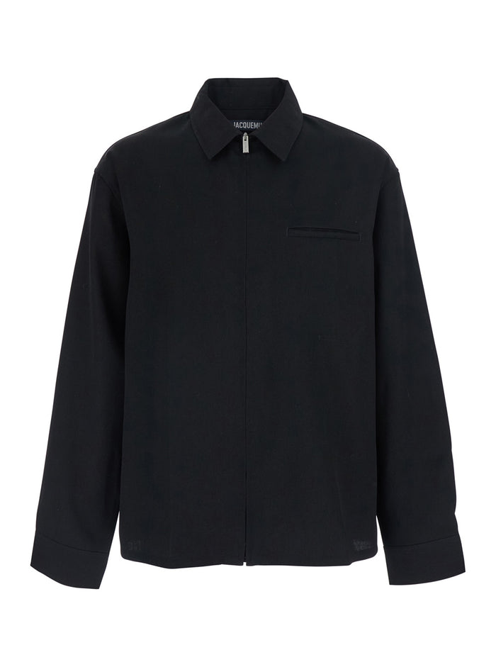 La Chemise Mecano Black Shirt With Zip Closure And Maxi Logo Lettering On The Back In Wool For Men Virgin Blouses