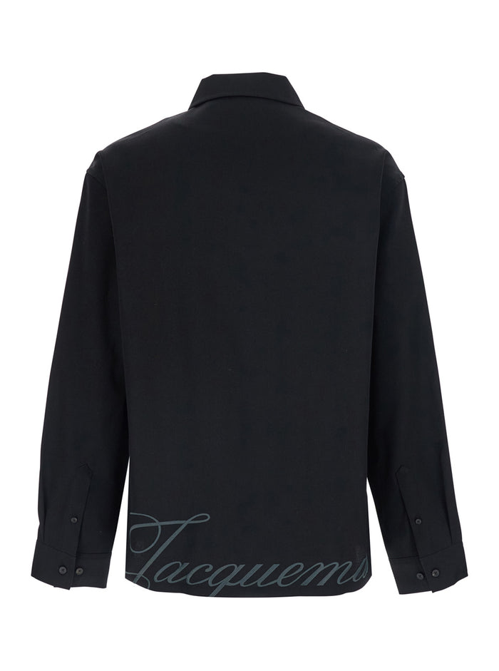 La Chemise Mecano Black Shirt With Zip Closure And Maxi Logo Lettering On The Back In Wool For Men Virgin Blouses