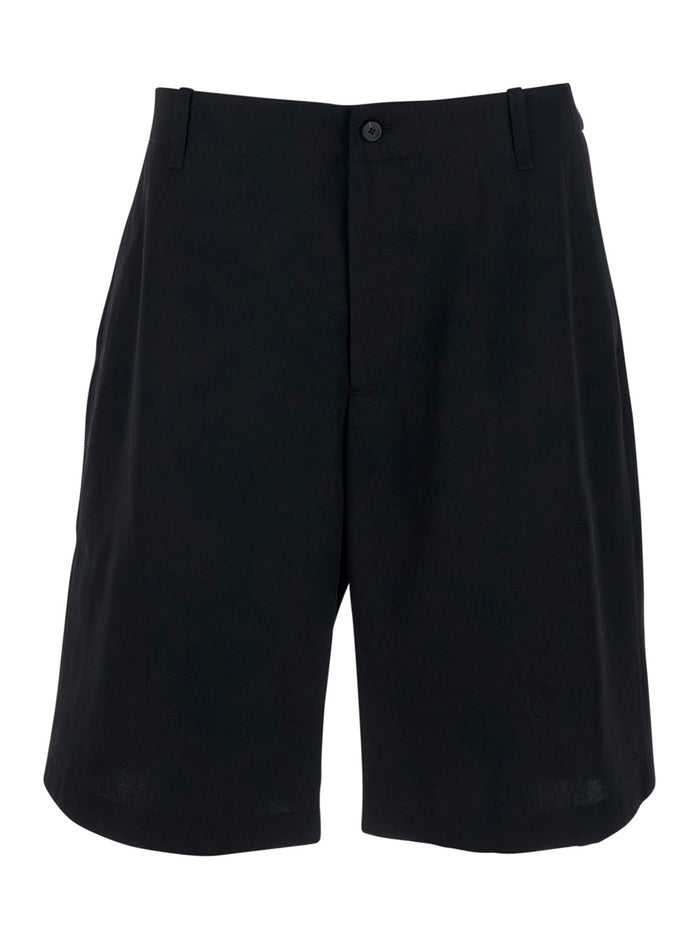 Le Short Camargue Black Bermuda with Belt Loops and Wide Leg in Wool for Men