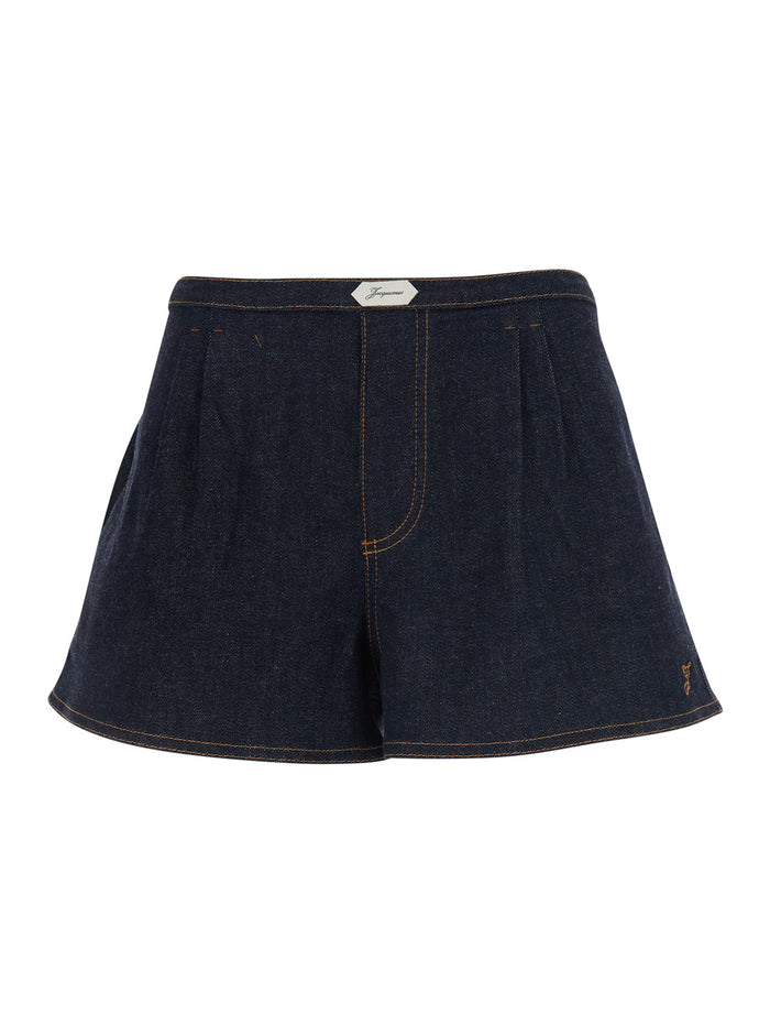 Blue Shorts with Front Pleats in Denim Woman Blu Cotton Cashmere Elastane And Bermuda