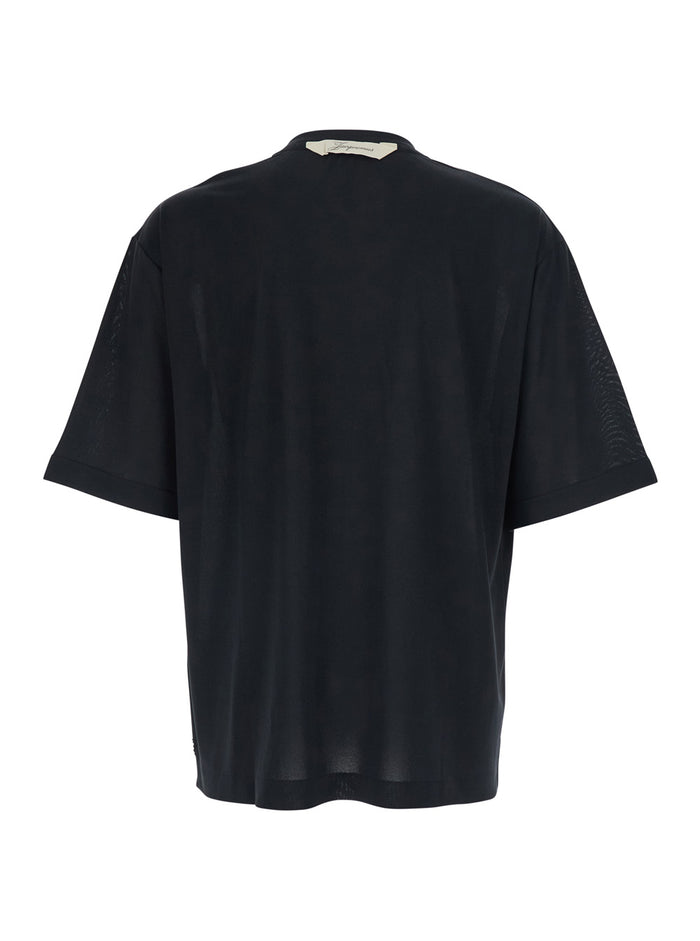 Le Rond Carre Mc Black T-Shirt with Round Neck and Logo on the Back in Fabric Man Paper Polyester Tshirts Polo Shirts