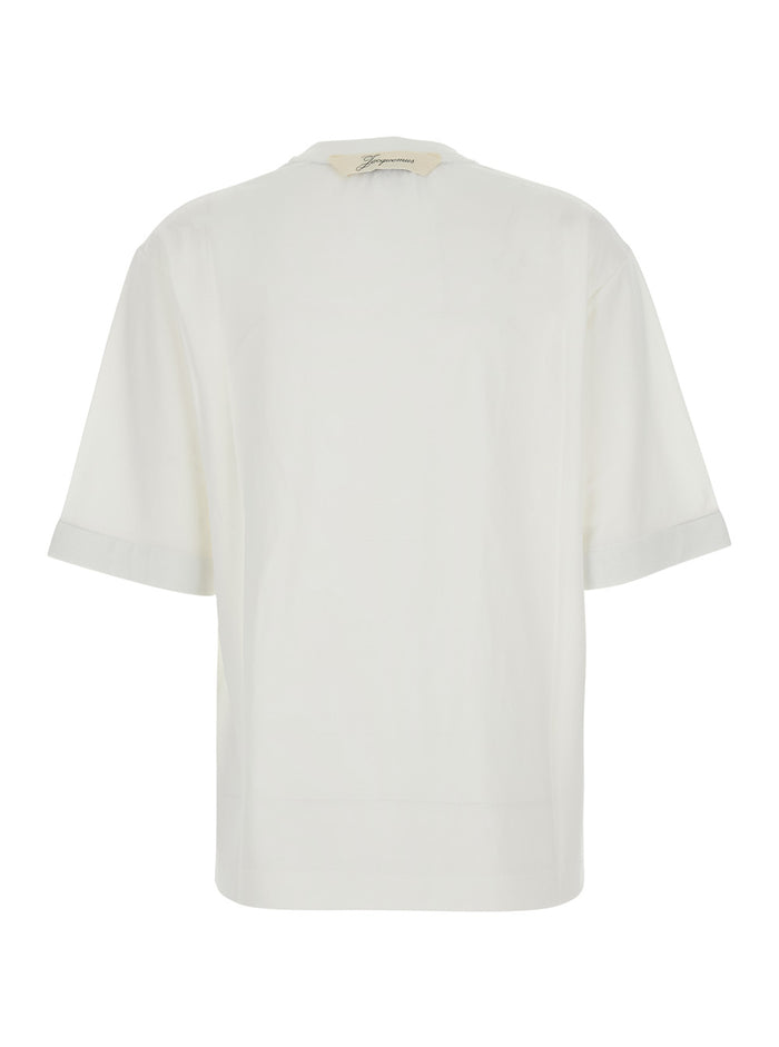 Le Tshirt Ventadou White Crew Neck T-Shirt With Gros Grain Logo On The Back In Fabric For Women Paper Polyester Tshirts And Polo Shirts
