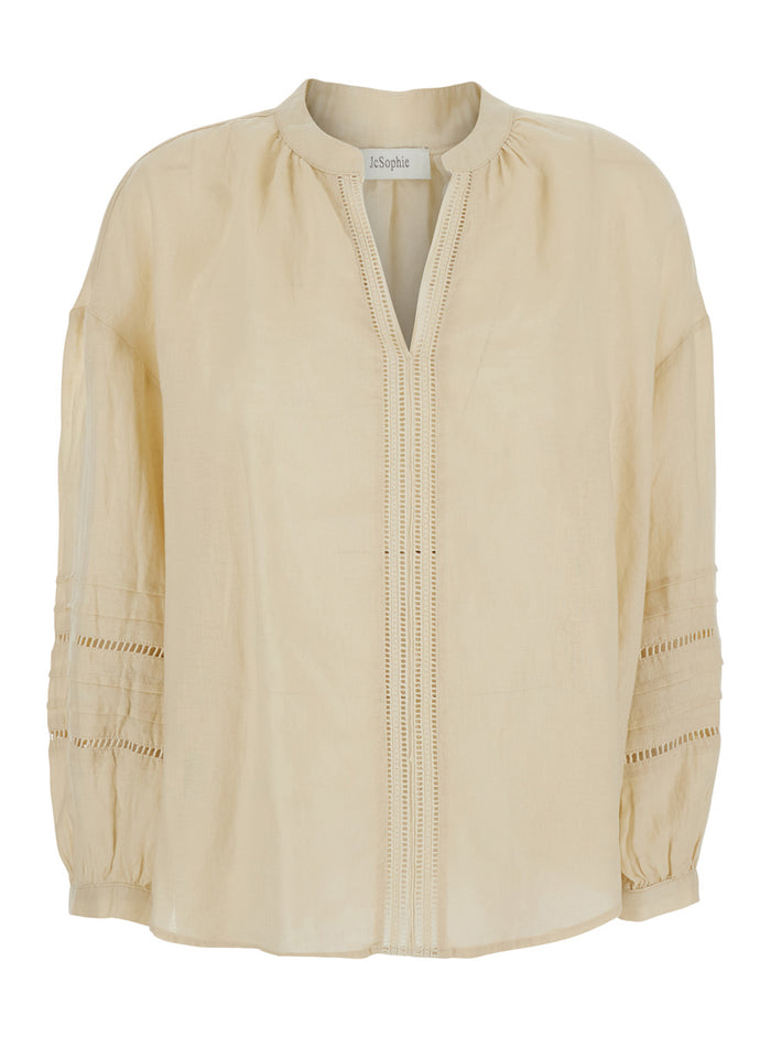 Leslie Beige Blouse With Long Sleeves And Pleated Details In Viscose For Women Shirts Blouses