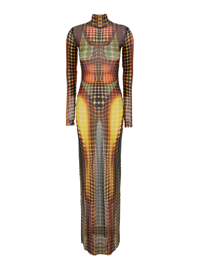 Long Dress DR131M018P155060 with High Collar and All-Over Print in Multicolor Tech Fabric for Women Polyamide