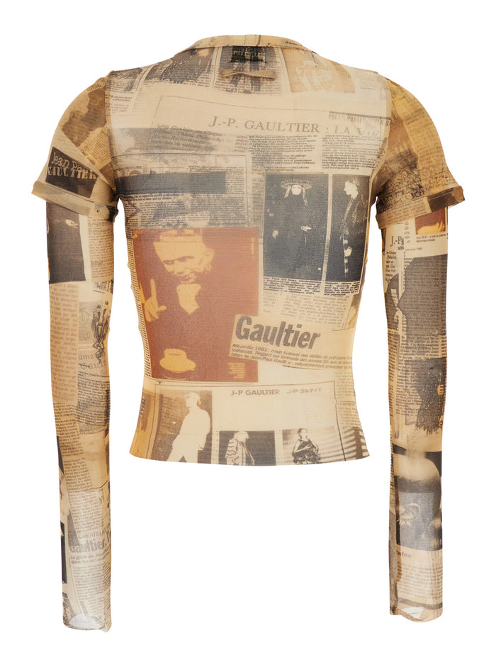 Womens Multicolor Tech Fabric Crew Neck Crop Top with Long Sleeves and All-Over Print Polyamide Tops