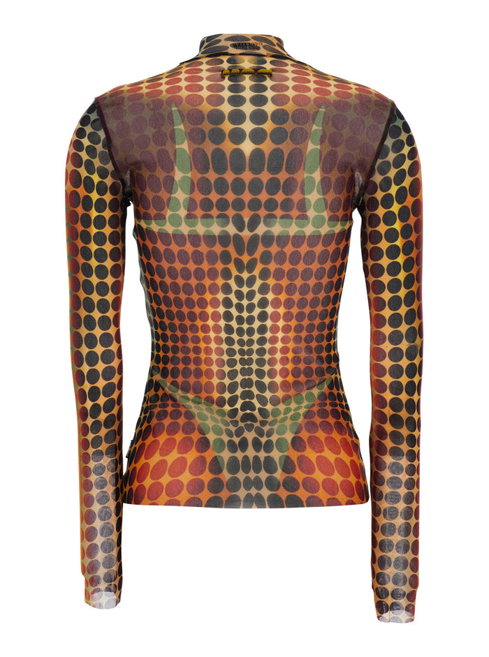 Multicolor Top with High Neck and All-Over Print in Tech Fabric Woman Polyamide Tops