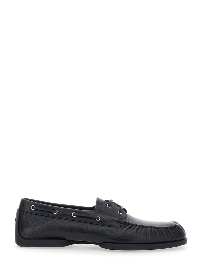 Black Loafers With Ruffled Details And Rounded Toe Leather For Men