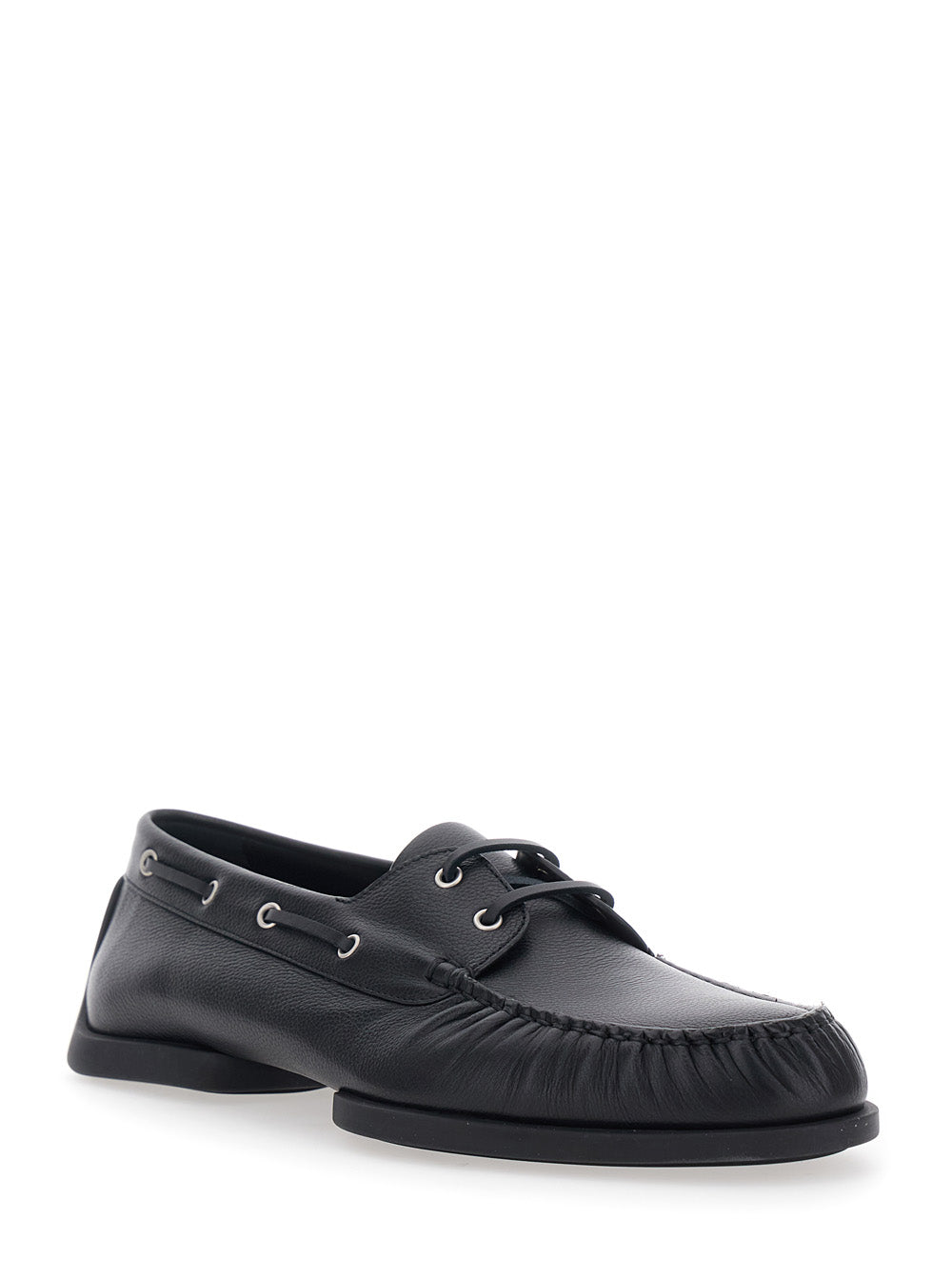 Black Loafers With Ruffled Details And Rounded Toe Leather For Men