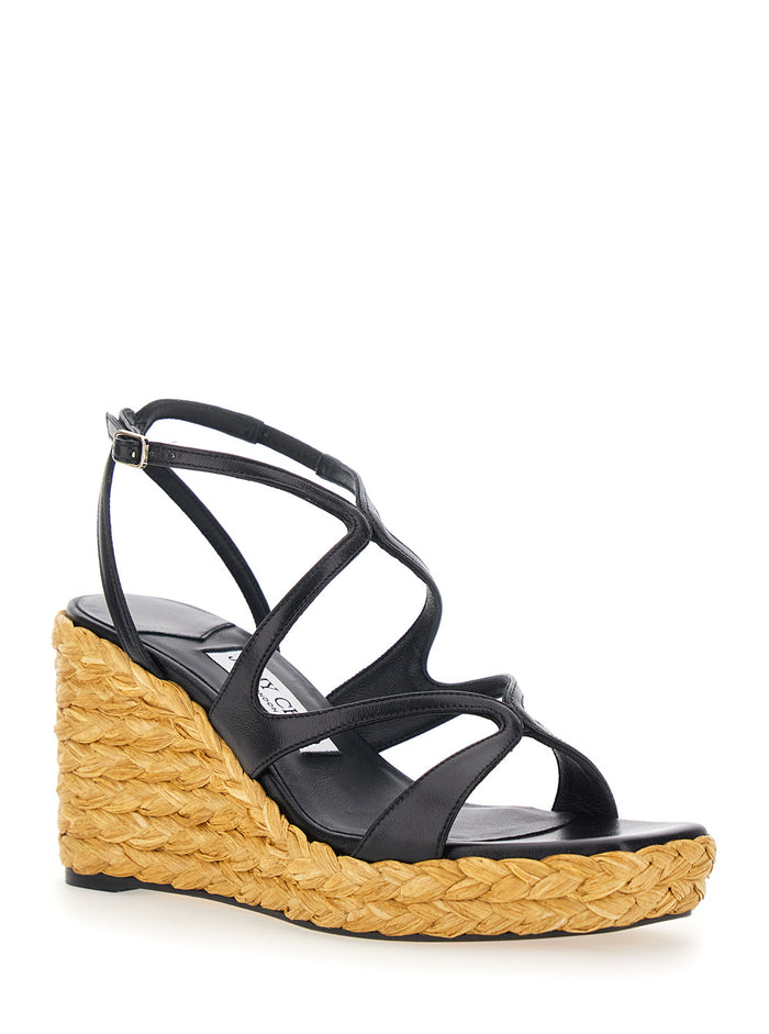Ayla Wedges with Leather Ankle Strap and High Heel in Black for Women Goat Textile