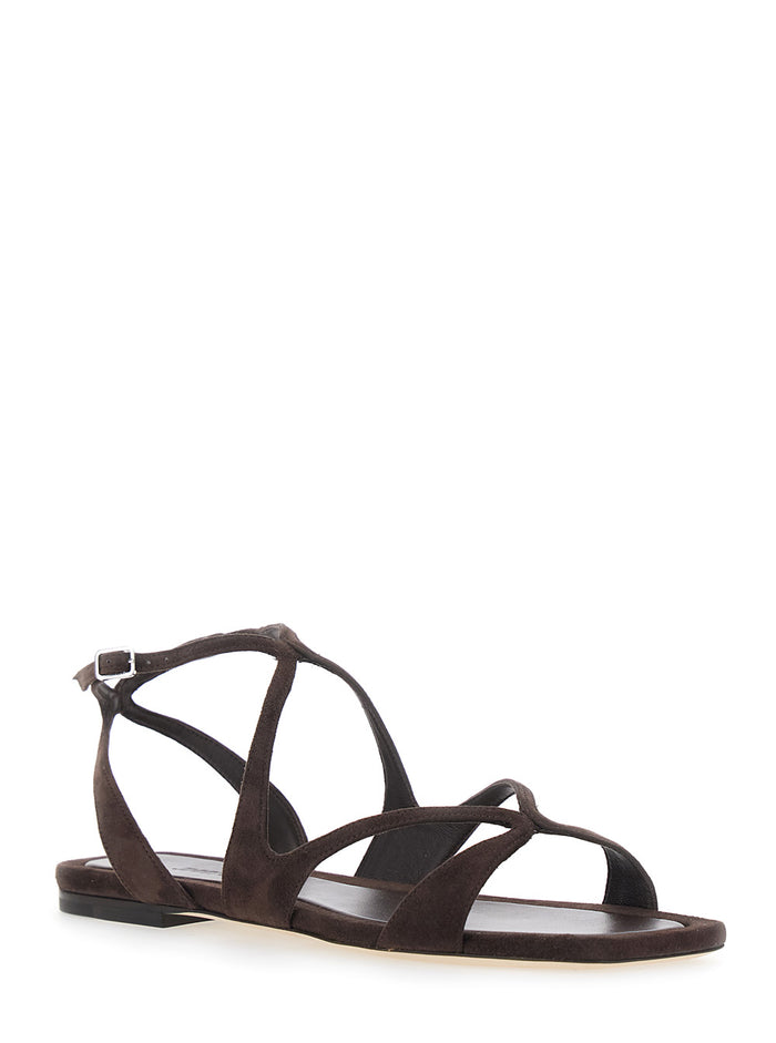 Ayla Sandals with Square Toe and Ankle Strap in Brown Suede Goat Flat Shoes