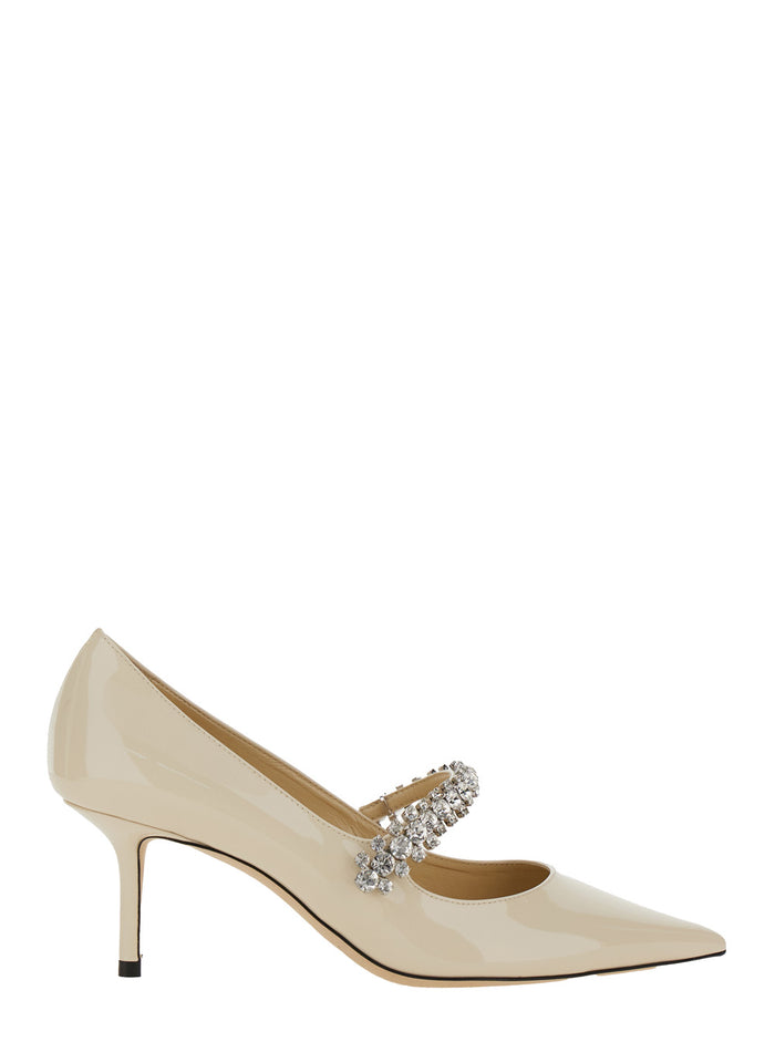 Bing High Heel Pumps with Crystal Decoration and Cone in White Glossy Leather for Women Calf Heels