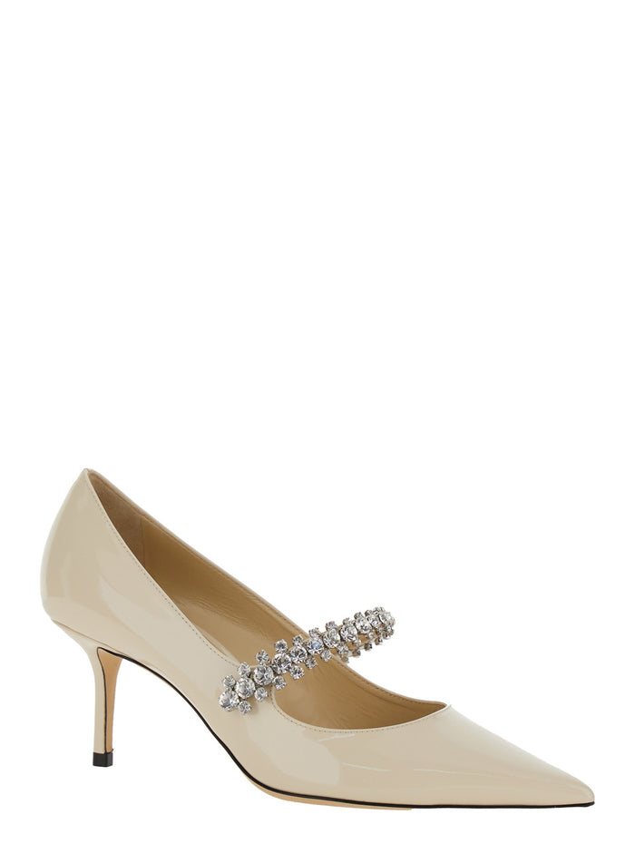 Bing High Heel Pumps with Crystal Decoration and Cone in White Glossy Leather for Women Calf Heels