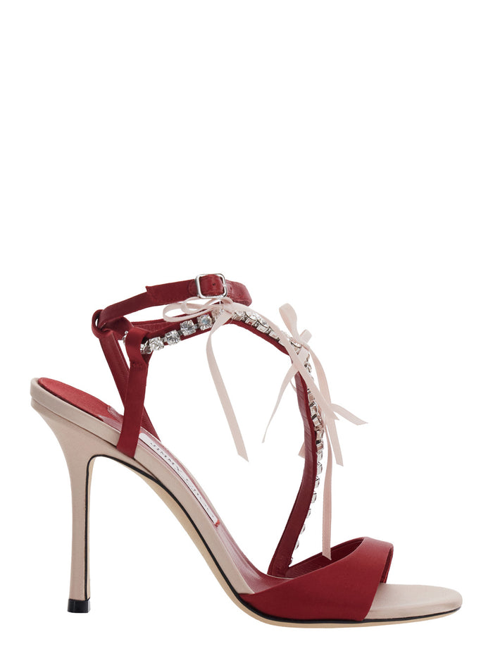 Lula Red Heeled Sandals with Crystal Straps and Shaped Bows in Satin woman Textile Lamb Heels