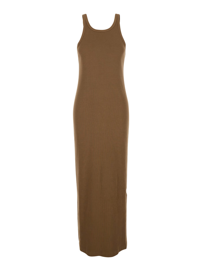 Long Dress Ribbed Sleeveless Brown with Round Neckline and Pleated Details in Viscose Women