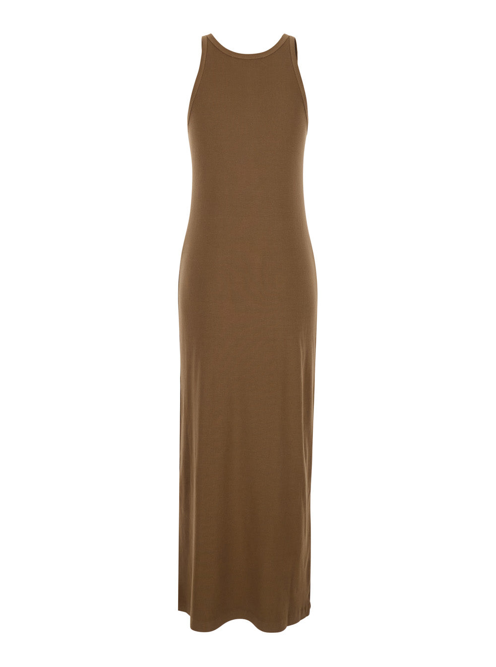 Long Dress Ribbed Sleeveless Brown with Round Neckline and Pleated Details in Viscose Women