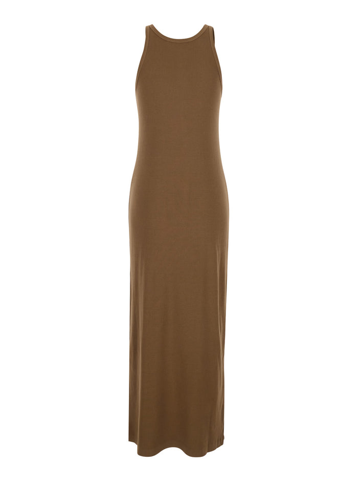 Long Dress Ribbed Sleeveless Brown with Round Neckline and Pleated Details in Viscose Women