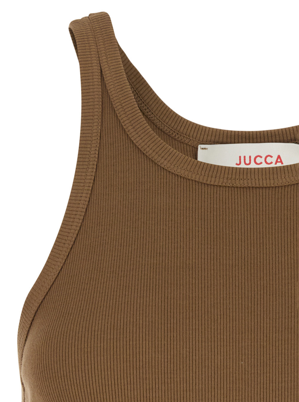 Long Dress Ribbed Sleeveless Brown with Round Neckline and Pleated Details in Viscose Women