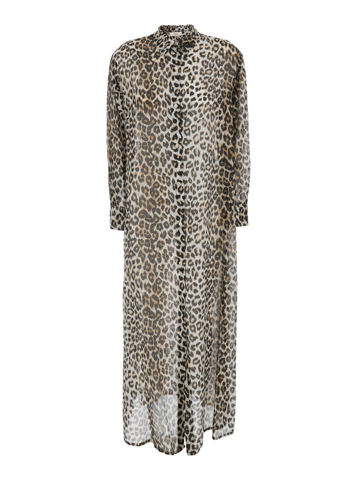 Dress Animalier Print Brown With Long Sleeves And Front Buttons Viscose Women