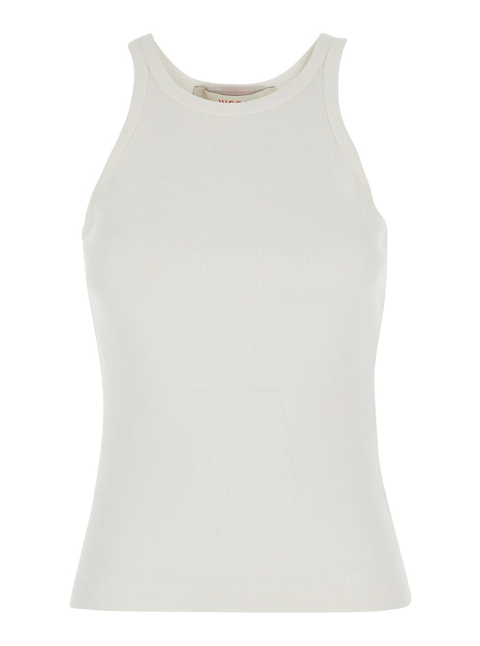 RIBBED TANK TOP - White with round neckline and thin straps. Made of cotton. White. Women. Tops