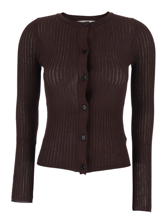 Brown Wool Blend Ribbed Knit Crew Neck Cardigan for Women Jersey