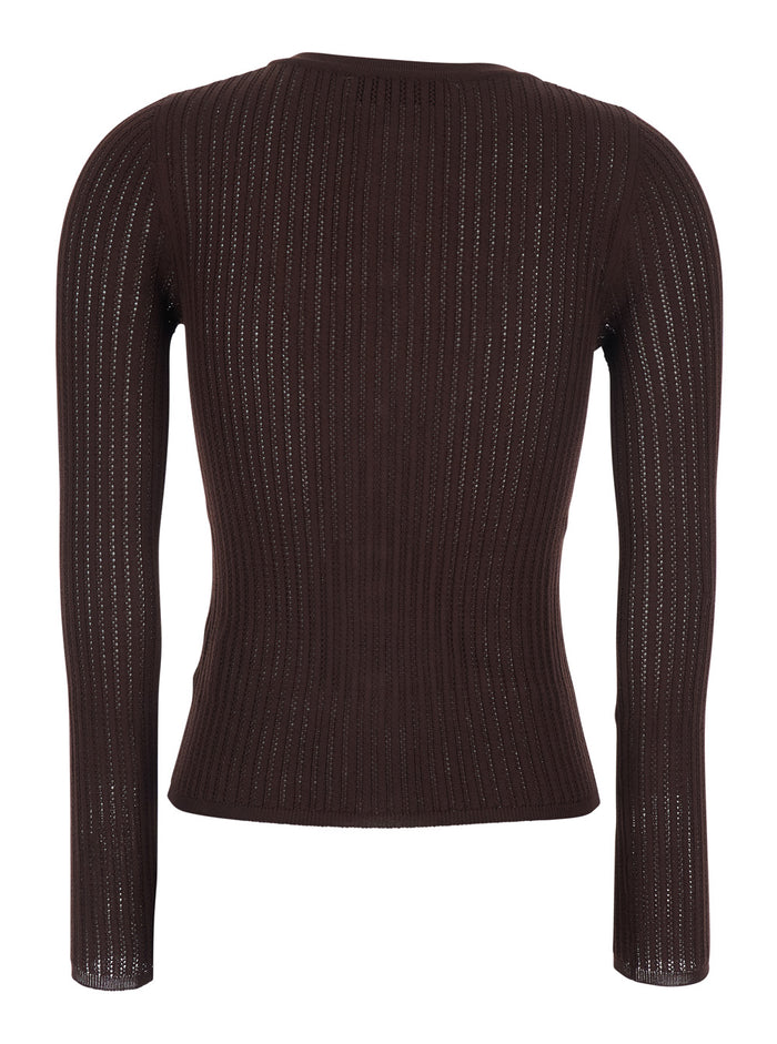 Brown Wool Blend Ribbed Knit Crew Neck Cardigan for Women Jersey