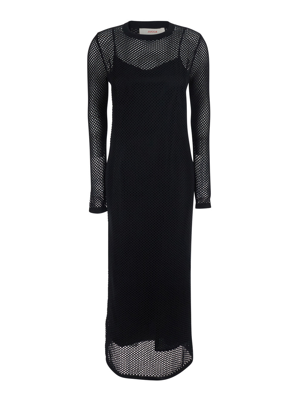 Long Black Dress with Sleeves and Perforated Details