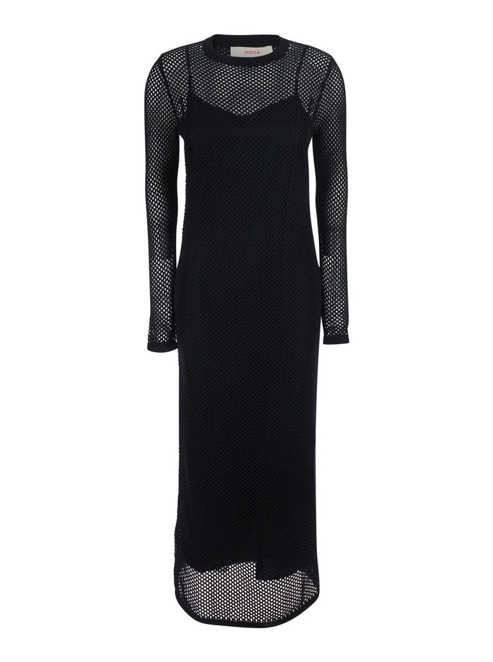 Long Black Dress with Sleeves and Perforated Details