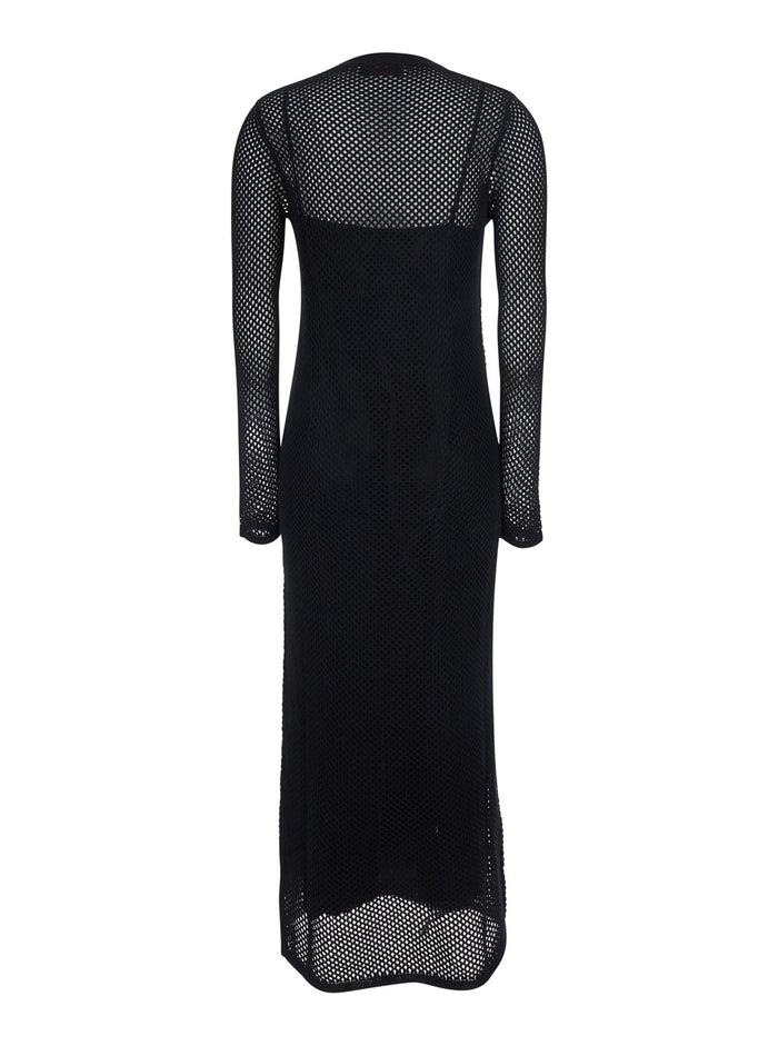 Long Black Dress with Sleeves and Perforated Details