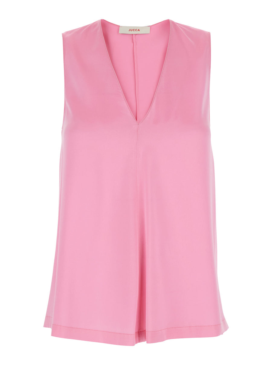 Sleeveless Silk V-Neck Top Pink Tops