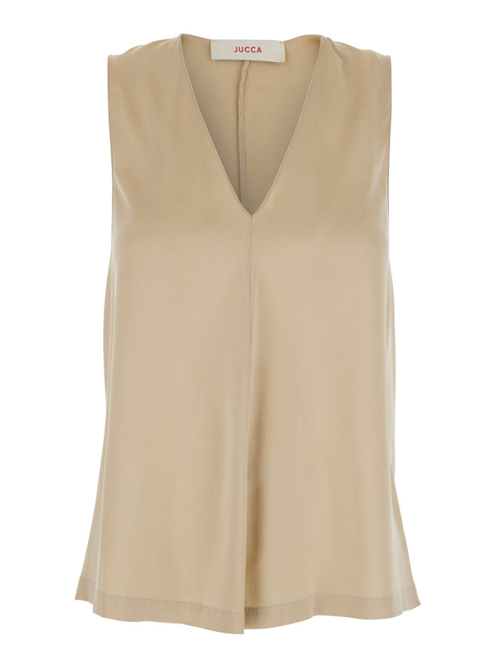 Sleeveless Silk Top with V-Neck Beige Women Tops