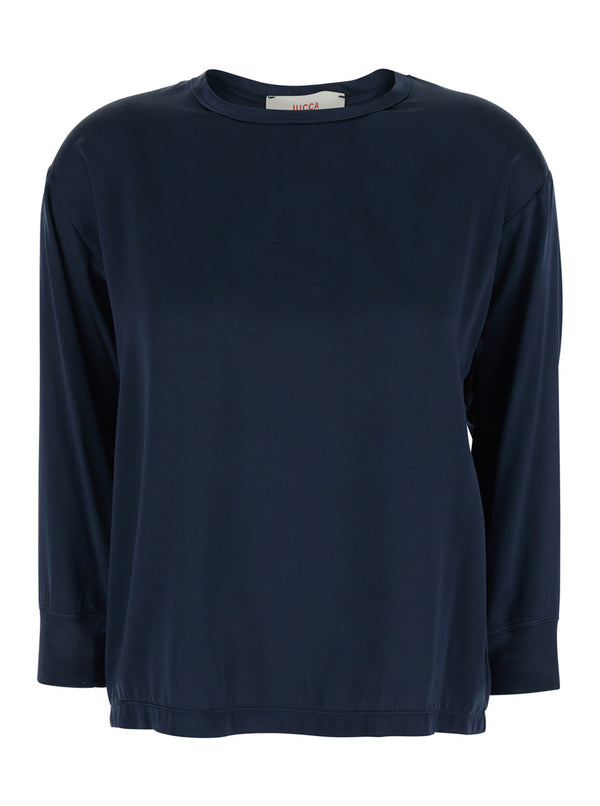 Top Round Neck Long Sleeve Blue Viscose Blouses