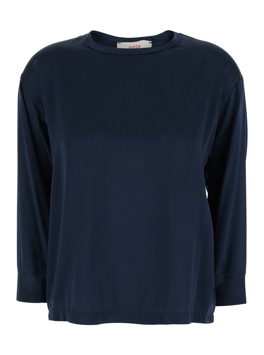 Top Round Neck Long Sleeve Blue Viscose Blouses