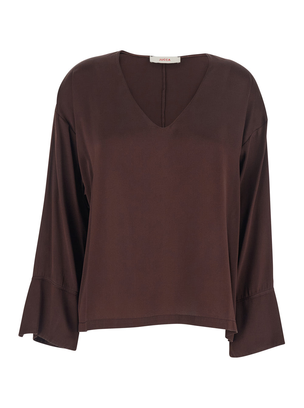 Silk Blouse with V-Neck and Wide Long Sleeves Brown Women Shirts Blouses