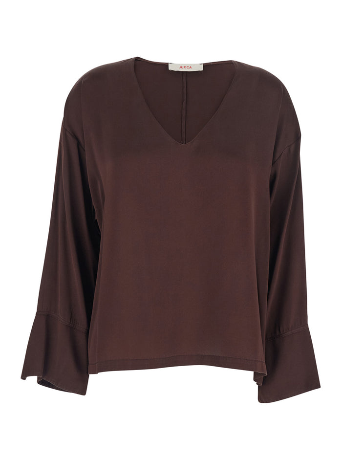 Silk Blouse with V-Neck and Wide Long Sleeves Brown Women Shirts Blouses