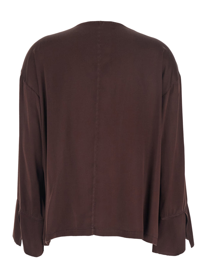 Silk Blouse with V-Neck and Wide Long Sleeves Brown Women Shirts Blouses